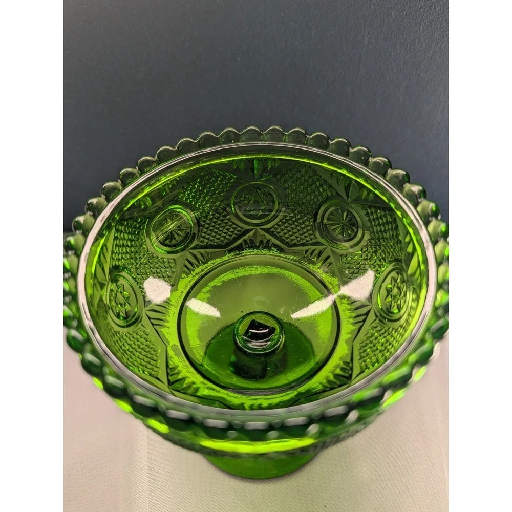 Vintage Emerald Glass Star And Punty Pedestal Compote Dish, Mid-Century